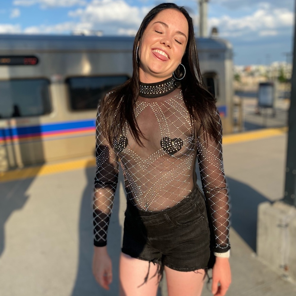 Black Mesh Rhinestone Bodysuit - Festival, Rave, Concert, Night Out